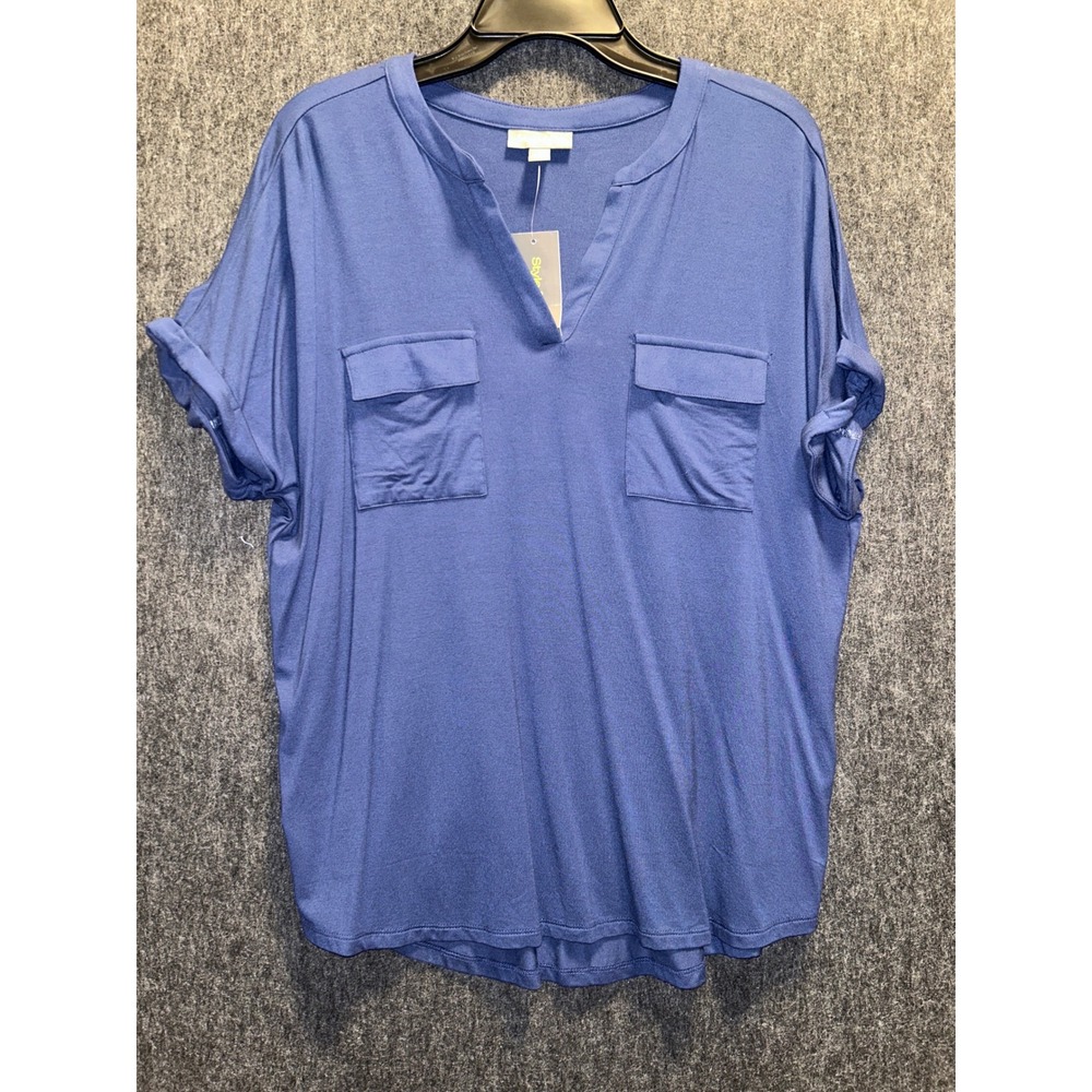 Style & Co Popover Knit Top Women Large Dark Blue New VNeck Cuffed Sleeve Pocket